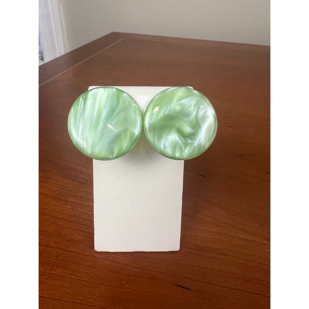 Vintage Marbled Mint Green Clip On Button Earrings Oversized Retro Round Pastel